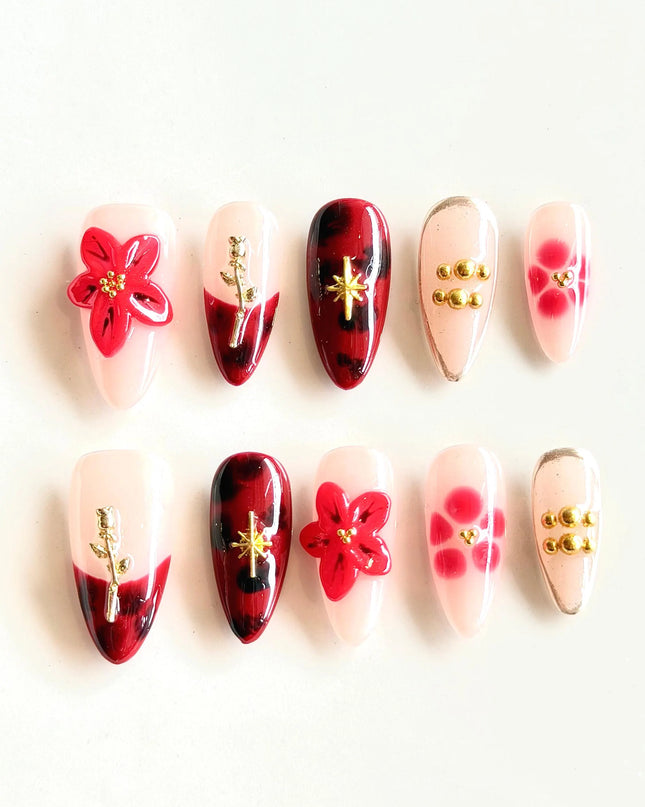 Red 3D Floral Press On Nails