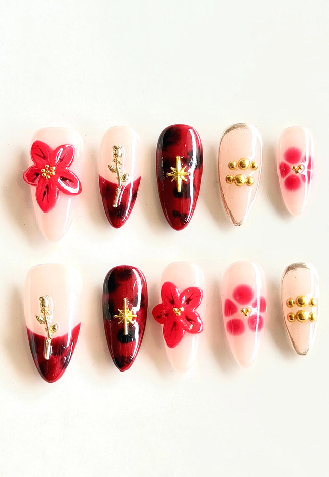 Red 3D Floral Press On Nails